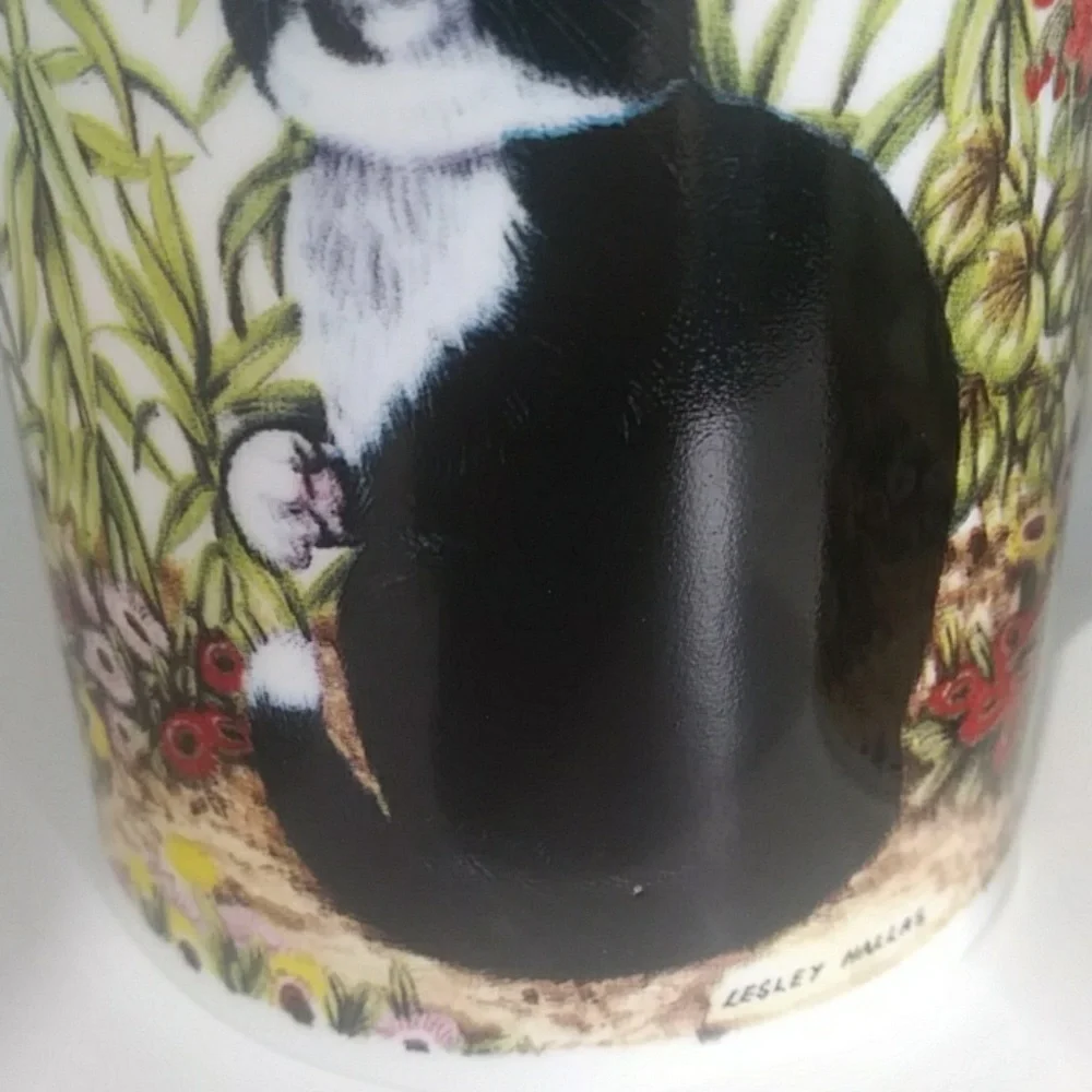 Vintage Black & White Tuxedo Cat Floral Ceramic Mugs SET OF 4